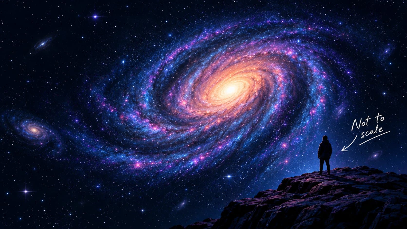 A figure looking out at a distant spiral galaxy